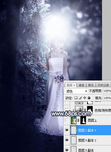  photoshop打造唯美的暗蓝色树林人物图片