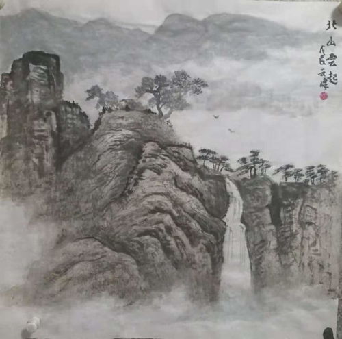  非著名山水画家屈金来先生,现场绘制斗方作品北山云起