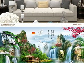  唯美中式高山流水山水瀑布装饰画背景墙图片素材psd效果图下载山水风景画图大全山水风景画编号18404146