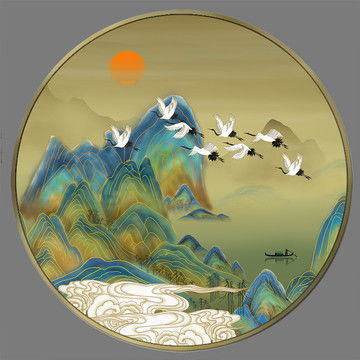  高端新中式青绿山水背景墙