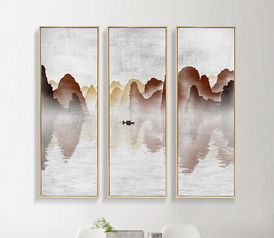  新中式装饰画意境抽象山水画独舟三联无框画
