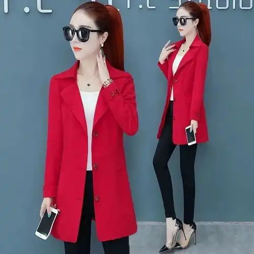  红色风衣女中长款2019秋冬新款时尚外套矮个子女士百搭秋季上衣潮