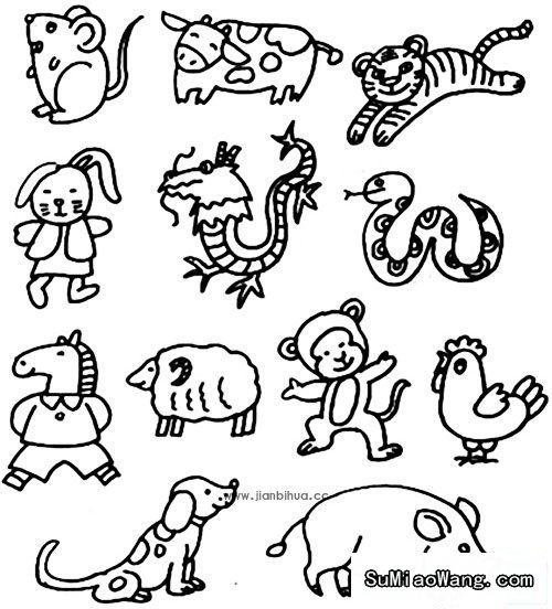  十二生肖简笔画铅笔画,简单的十二生肖画法怎么画