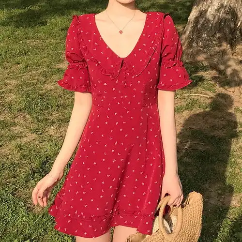  夏季新款女红色鱼尾温柔裙子超冷淡风极简收腰连衣裙显瘦kg福卡商城