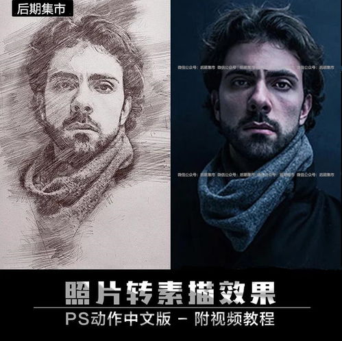  ps动作中文版照片转素描黑白铅笔画一键转手绘教程后期特效插件