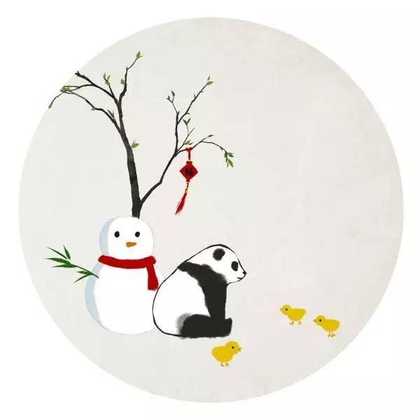 一组类水墨画风格的小熊猫与竹子的唯美小清新插画图片,萌可爱的呦