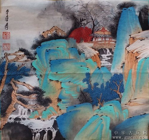  设色山水老画张大千款