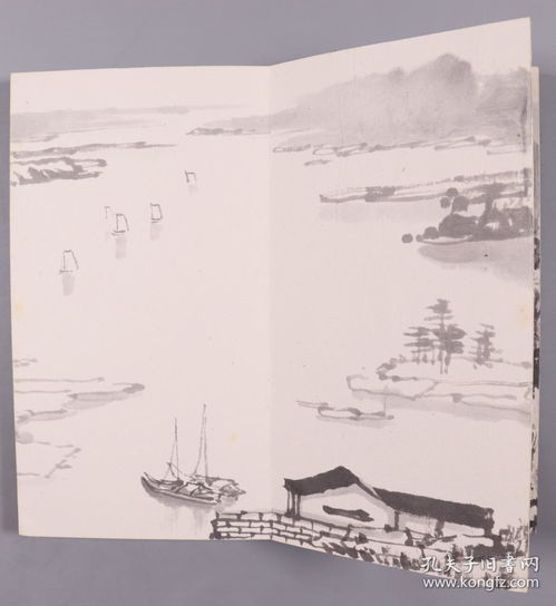  北京画家石德华丙寅年1986水墨山水画帆影动江晖经折装小册页一件钤印石道存hxtx381705