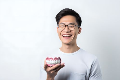  拿着假牙模型牙科肖像人物摄影图片摄影图下载至来源处