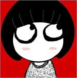  红色底卡通情侣头像,男的向下看,女的向上看