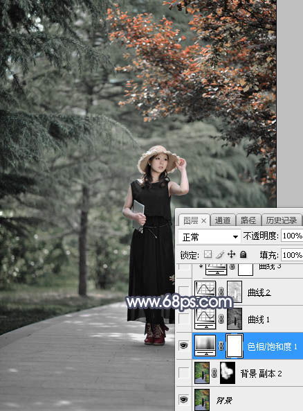  photoshop打造暗调蓝红色深秋外景人物图片