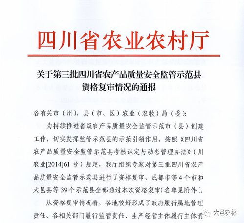  大邑县获得第三批四川省农产品质量安全监管示范县称号