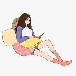  文艺节紫红色小清新手绘插画风依着靠垫看书女孩免抠图图片素材其他格式下载动漫人物大全