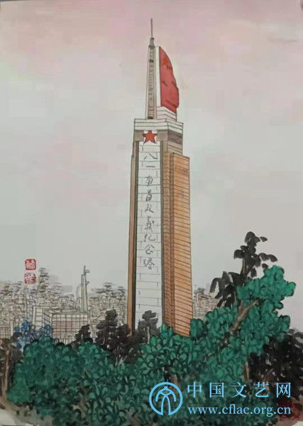  杨留义画作军旗屹立致敬八一建军节