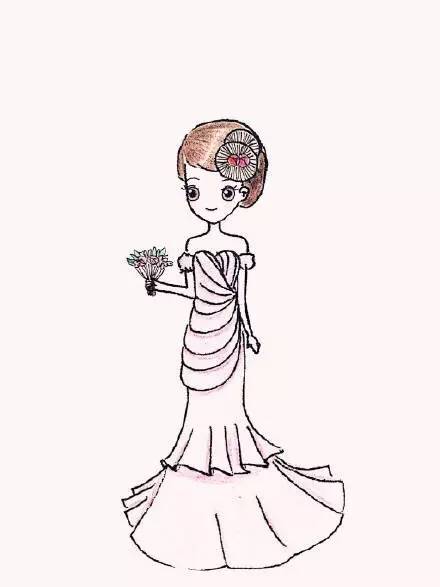  简笔画风格的唯美彩铅婚纱
