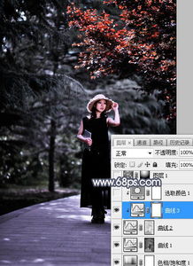  ps调出暗调单色树林背景黑裙美女照片
