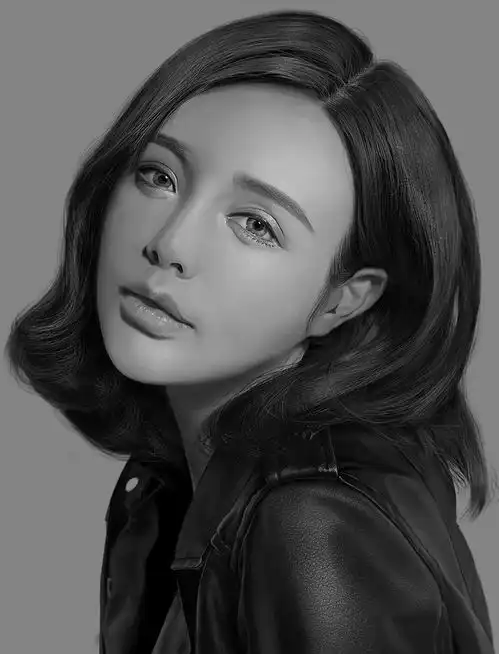  这是一张手绘板绘制的人物肖像素描临摹的美妆女神照片画风属于超写实系的插画艺术作品该插画头像的视觉中心在模特的面部五官唯美少女妩媚的表情让人神往日韩风眼线衬托着美瞳更大头发是日系齐肩短发型女性皮夹克这种服饰与其搭配出简洁干练皮衣的皮革材质感要