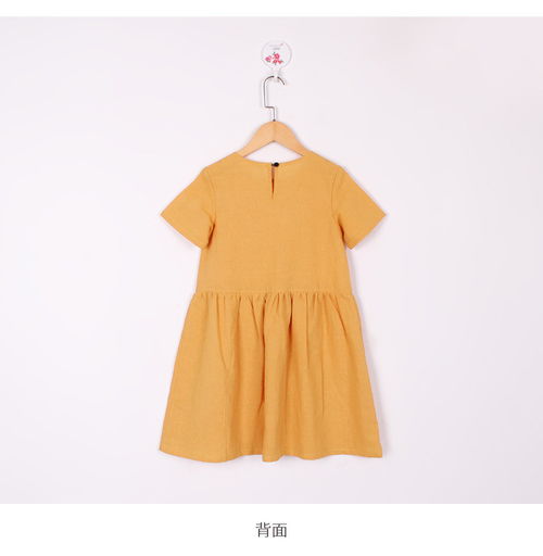  洋湖轩榭2021夏黄色纯色圆领短袖宽松简约休闲可爱女童连衣裙娃娃裙