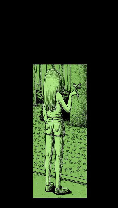  黑色放映机中诡谲异常小漫画美女,背影杀手