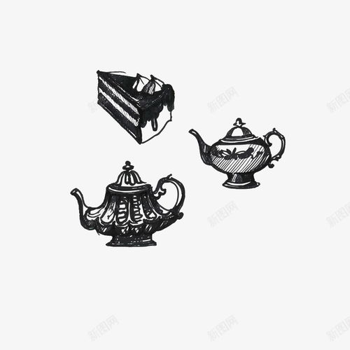  手绘黑色素描英式红茶糕点矢量图黑色元素免抠png设计图片免费下载页面网页平面电商创意素材茶壶素材