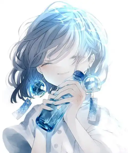  淡蓝色系的水彩美少女插画,充斥着一股淡淡的忧郁感觉