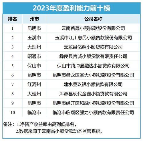  云南省小额贷款公司2023年度业务指标排名光荣榜发布