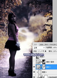  photoshop打造唯美的秋季暗蓝色树林人物图片