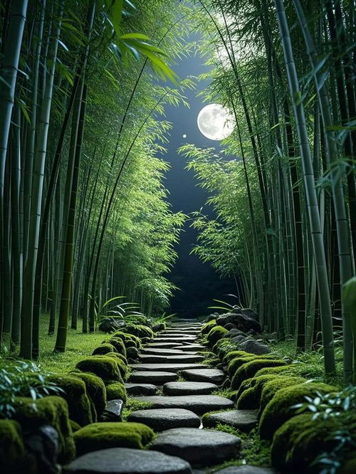  竹林深处,月光洒落,宁静美好