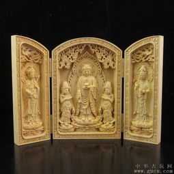  精工雕刻黄杨木可以折叠的西方三圣观音佛祖